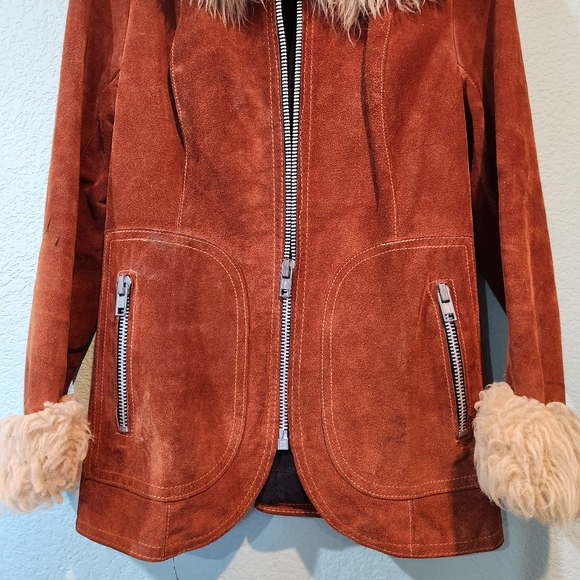 Vtg Burnt Orange Suede Penny Lane Jacket Groovy 70s Leather Western Coat 13 14 L - Picture 2 of 16